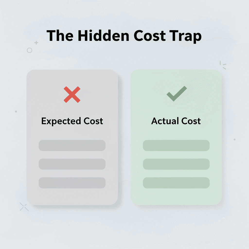 Before and after infographic showing swag bag cost expectations versus reality