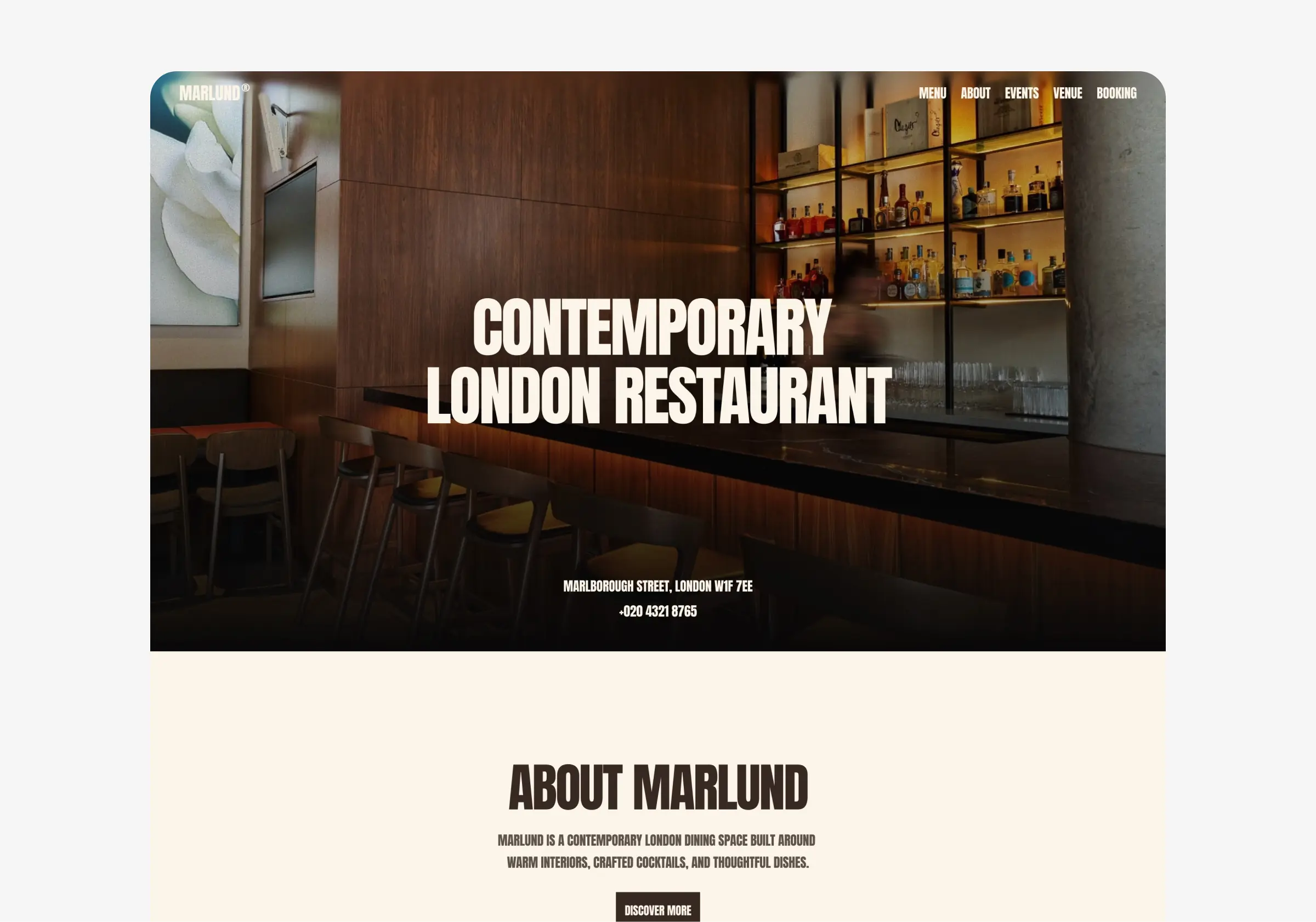 Restaurant website template hero section with dining experience and reservation focus