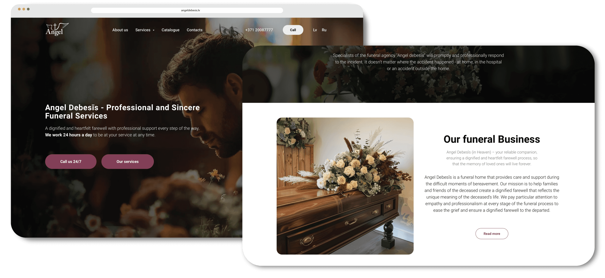 Angel Debesīs profesionālu bēru pakalpojumu galvenā lapa datora skatā ar bordo krāsu paleti