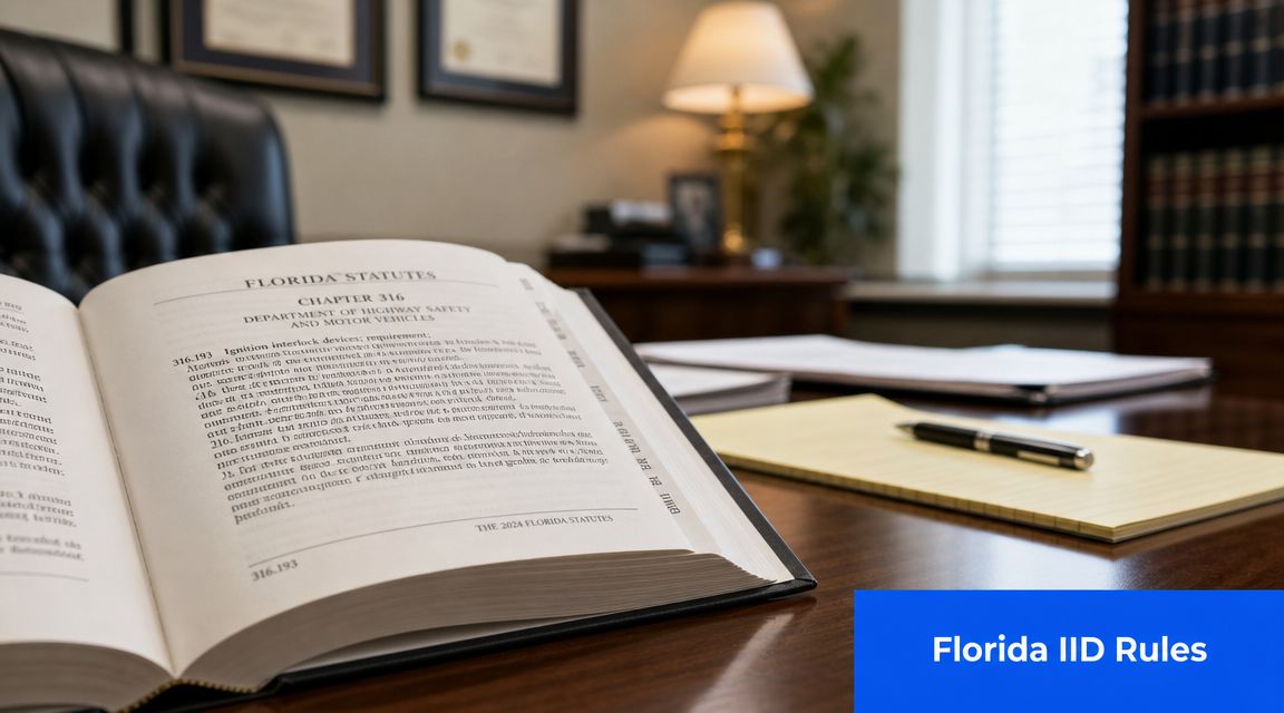 A law book open to Florida Statute 316 regarding ignition interlock device requirements on a wooden office desk.