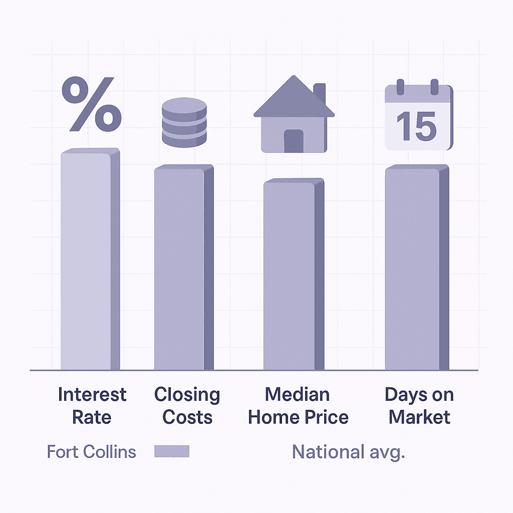 Paired bars visualize Fort Collins mortgage metrics versus higher national averages