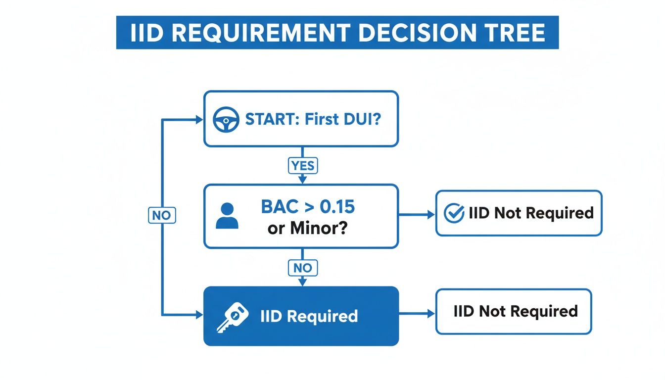 Flowchart detailing Ignition Interlock Device requirements based on DUI offense, BAC, and minor status.