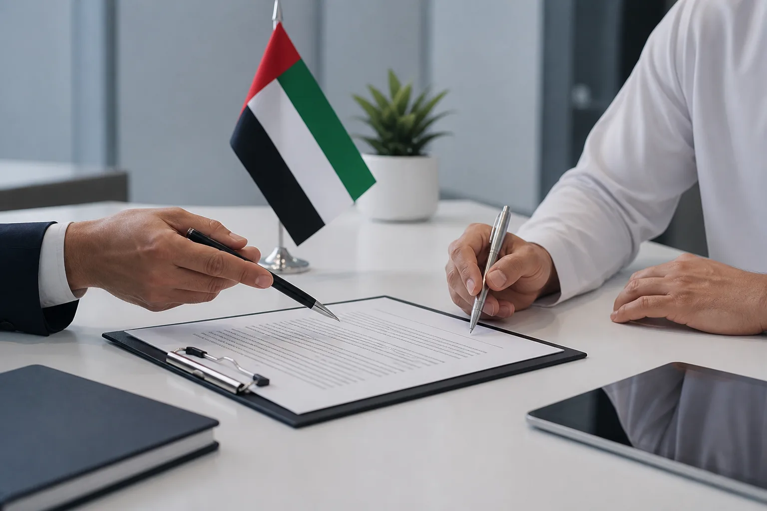 Founder Agreement for a UAE Company beside a signed corporate agreement with an official stamp