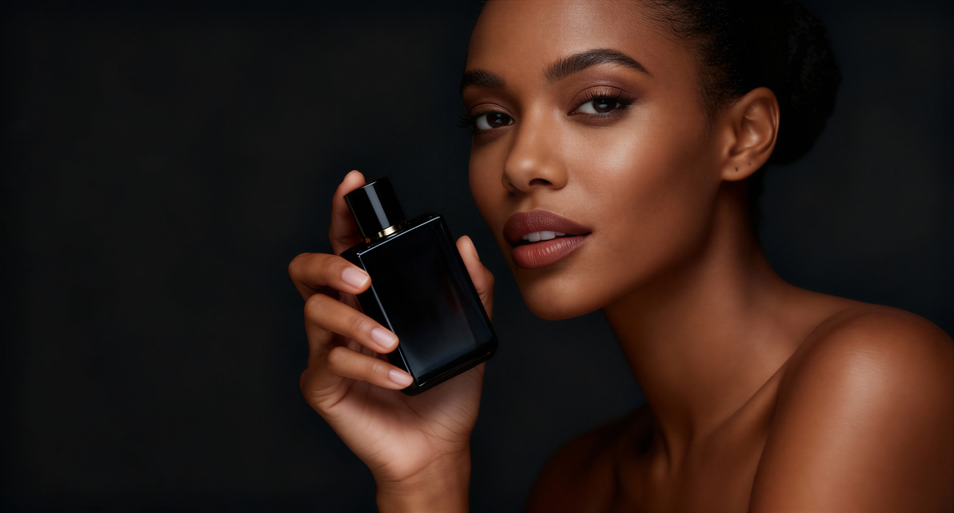Black lady holding perfume bottle