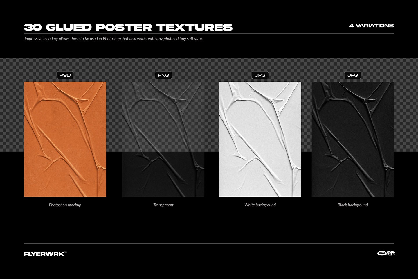 Glued poster textures preview showing PSD PNG and JPG texture format variations