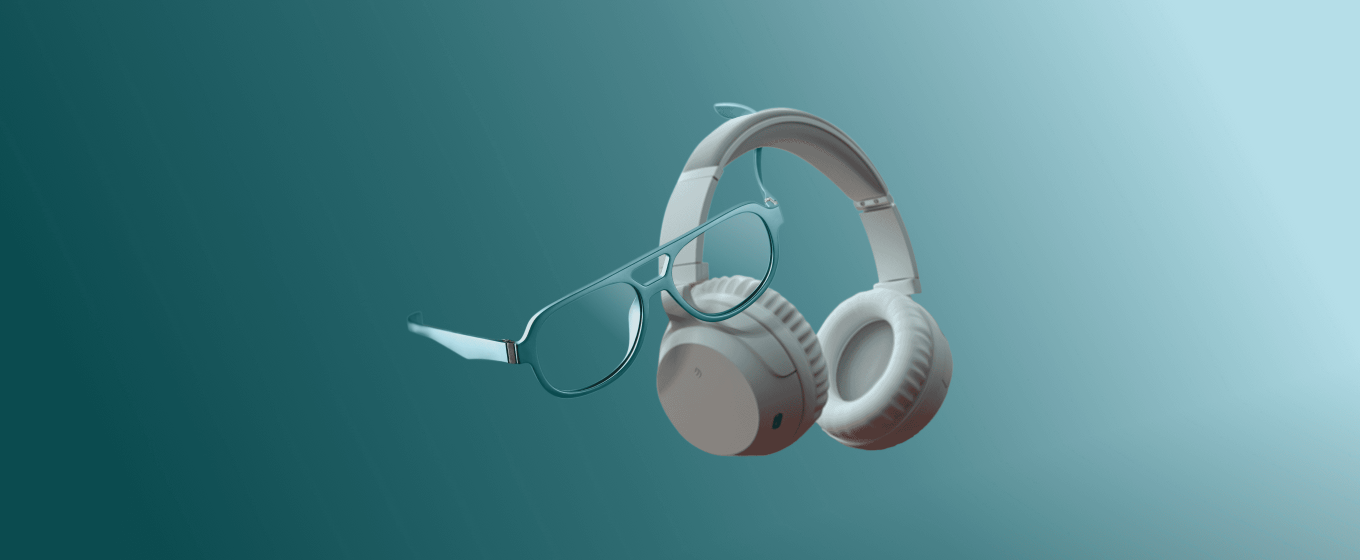 CGI render of Zenni OptiFlex glasses threaded through over-ear headphones against a teal gradient background