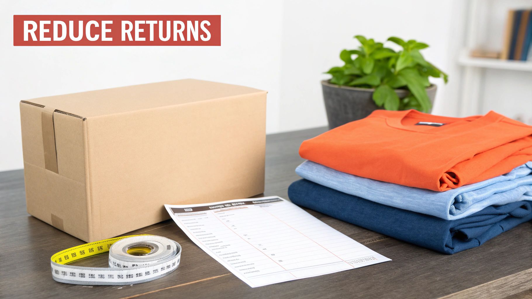A package, folded clothes, a measuring tape, and a form on a table, with 'REDUCE RETURNS' banner.