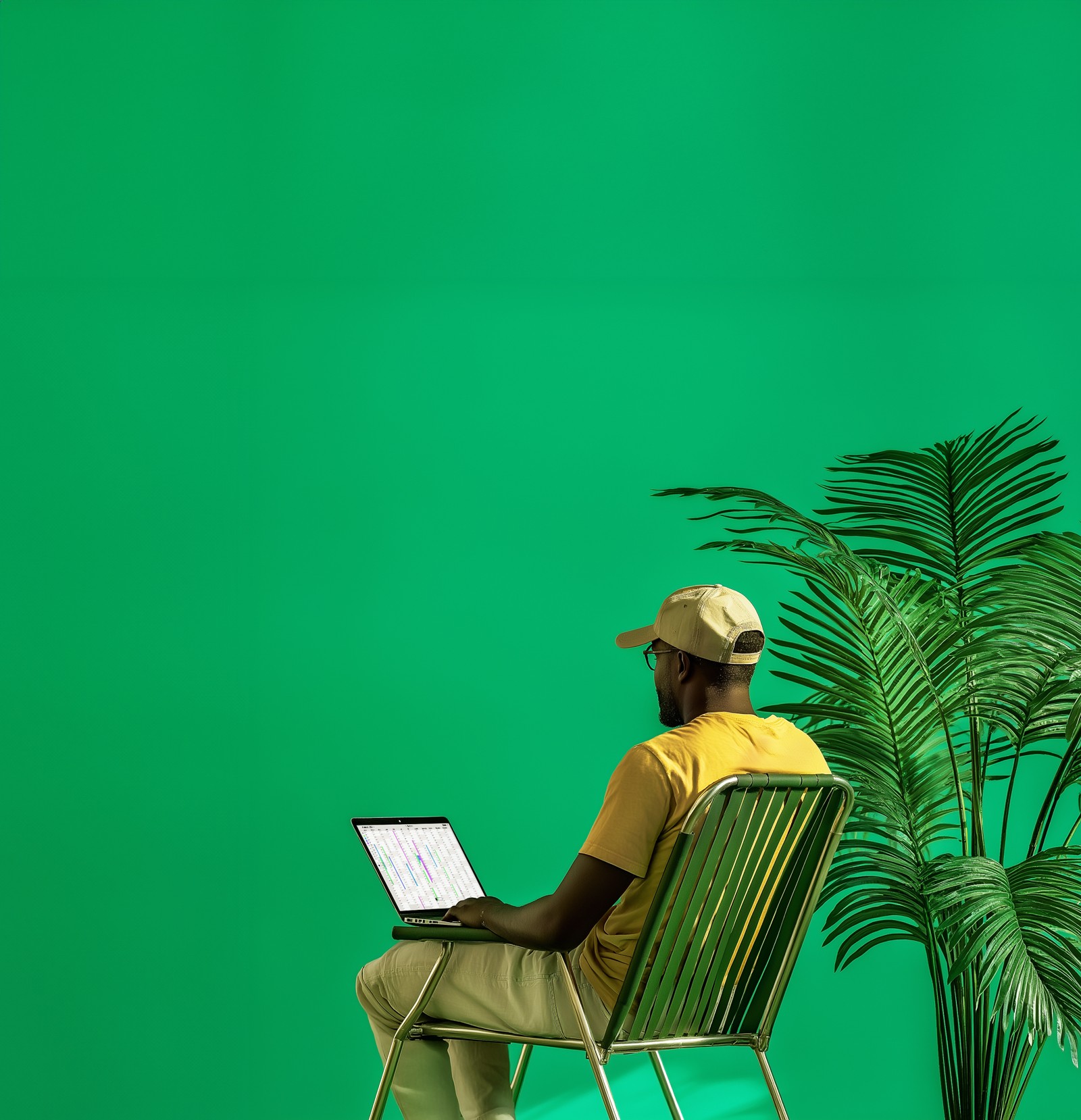 Traveller sits on a holiday chair working with his laptop, a palm tree in the background