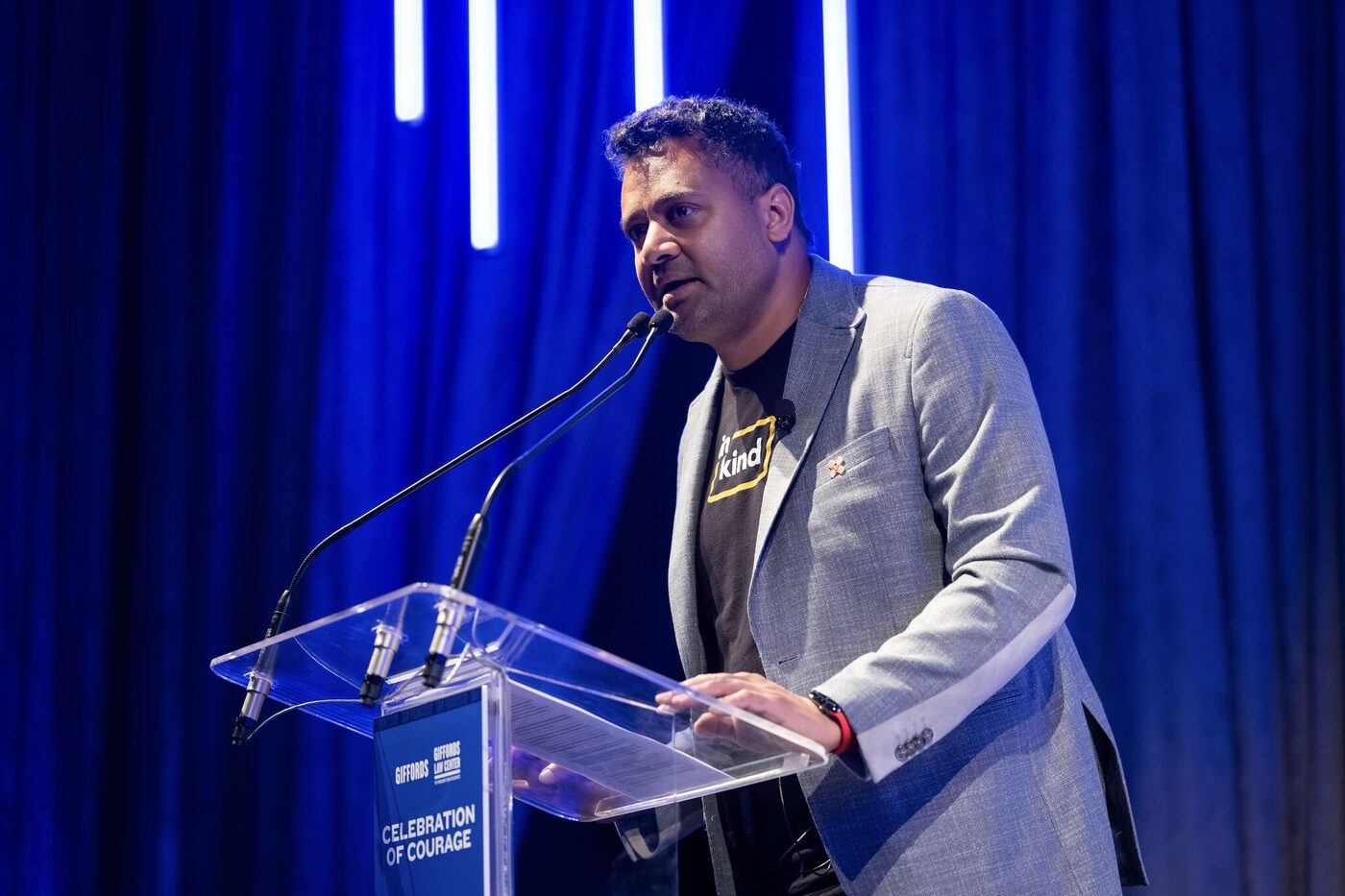 inKind CEO Johann Moonesinghe moderated a GIFFORDS panel with Steve Kerr, Gabby Giffords, and Nancy Pelosi on gun violence