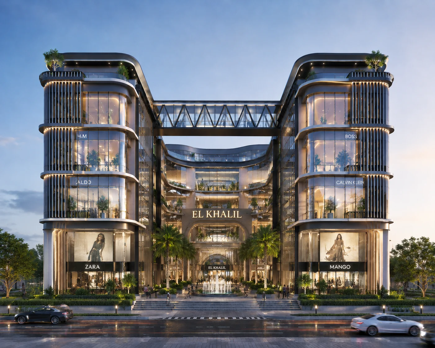 Architectural render of the entrance and layered facade of EL KHALIL Mall by Arc In Space
