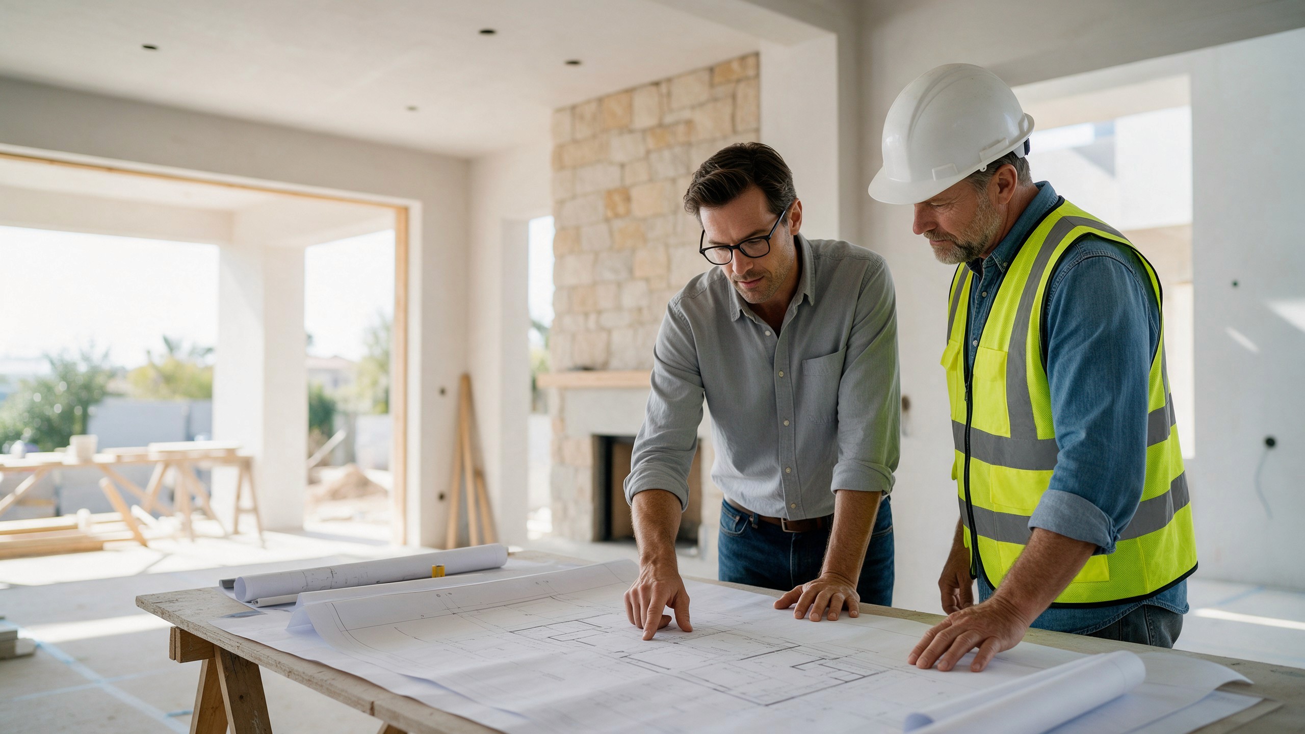Two professionals reviewing drawings in a home under renovation