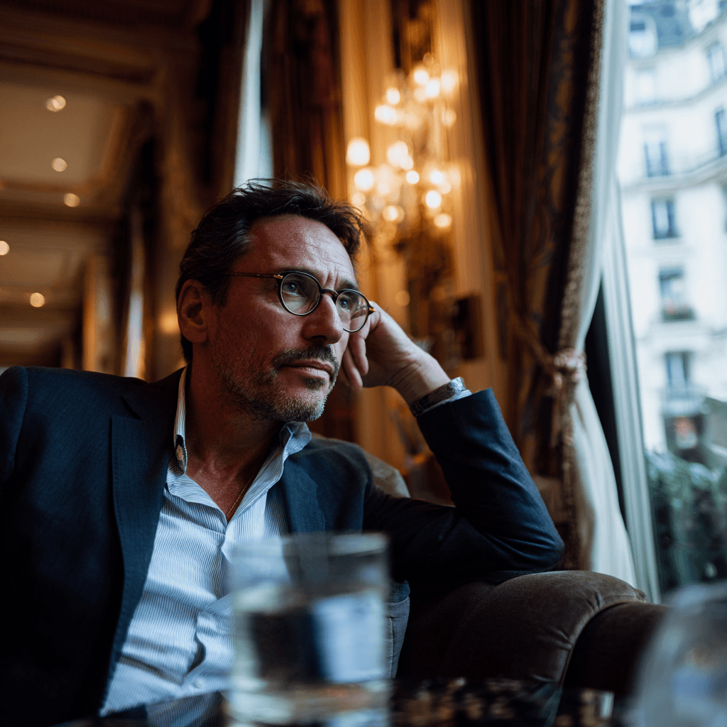 Homme en pleine réflexion dans un lieu paisible, symbole de recentrage et de sérénité