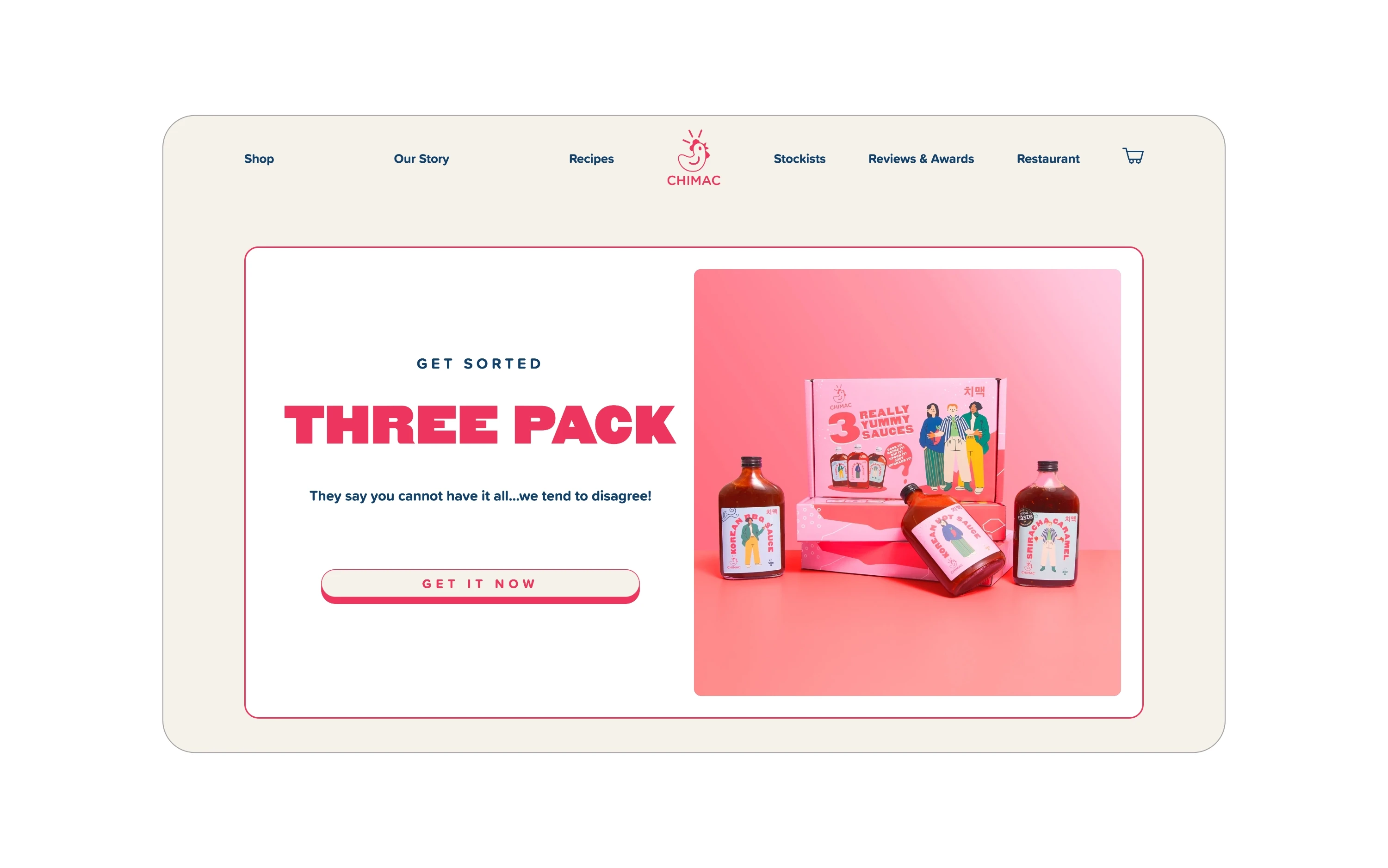 Detail of top of shop page showing a featured product section on the website, with a three pack product on show