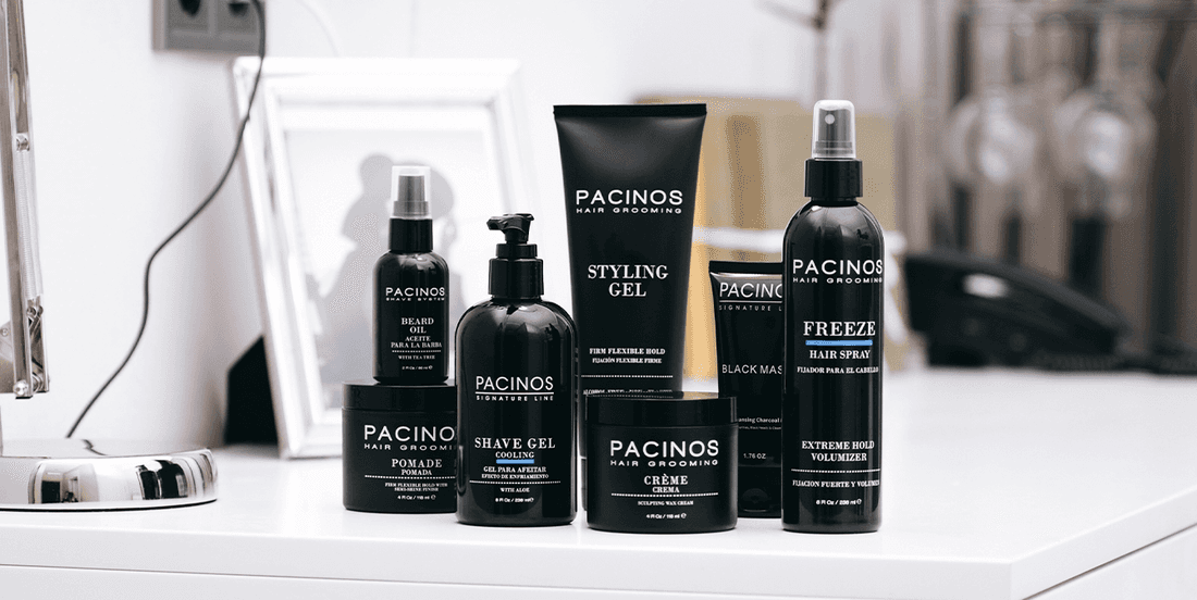 Pacinos grooming products displayed on a white countertop