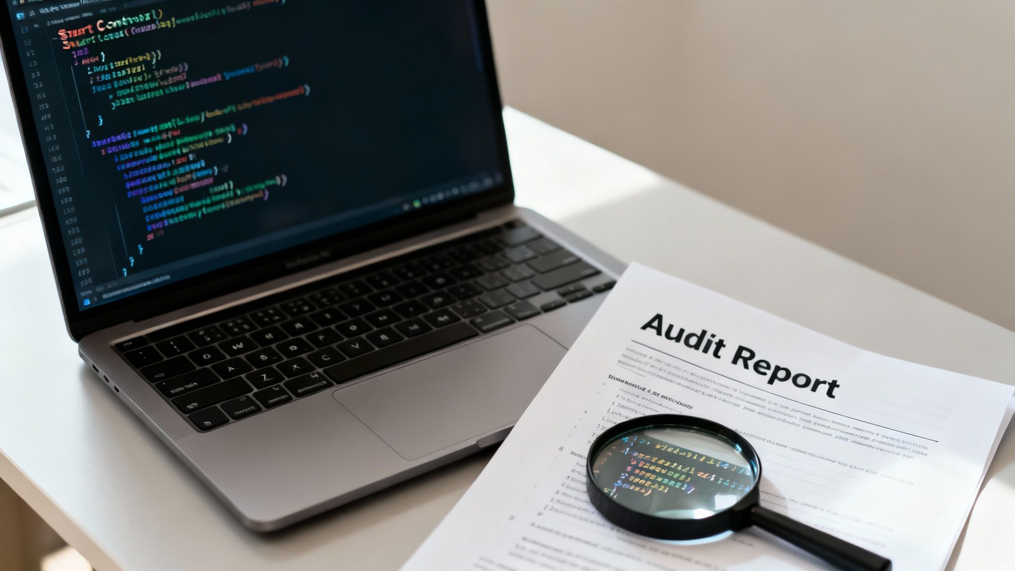A laptop displays code next to an 'Audit Report' document with a magnifying glass on it.