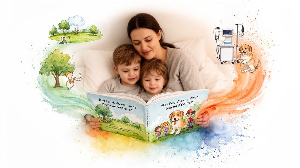 A mother and two smiling children read an illustrated storybook in bed, surrounded by vibrant watercolor art.