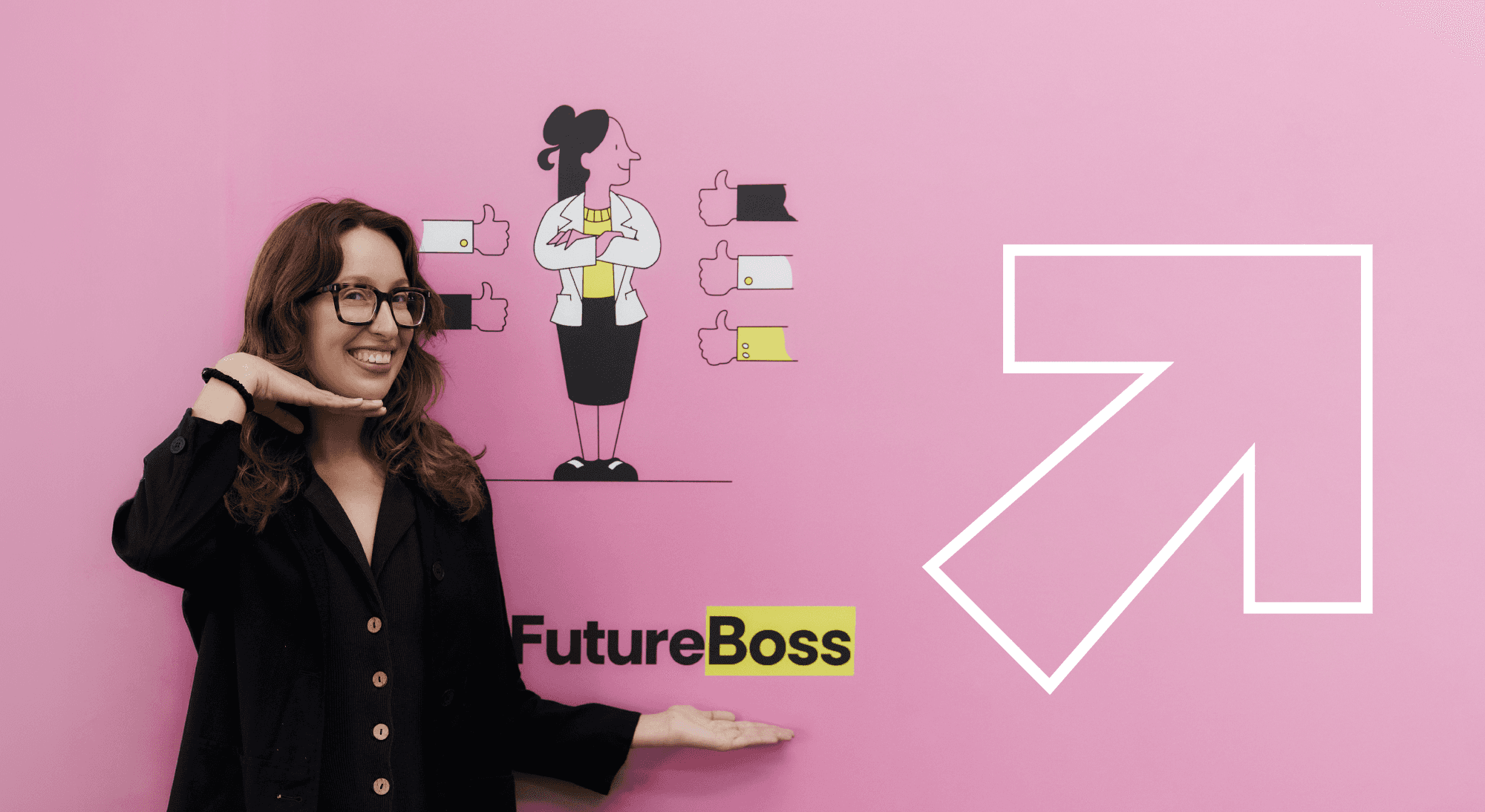 Woman making a call me gesture next to 'FutureBoss' logo