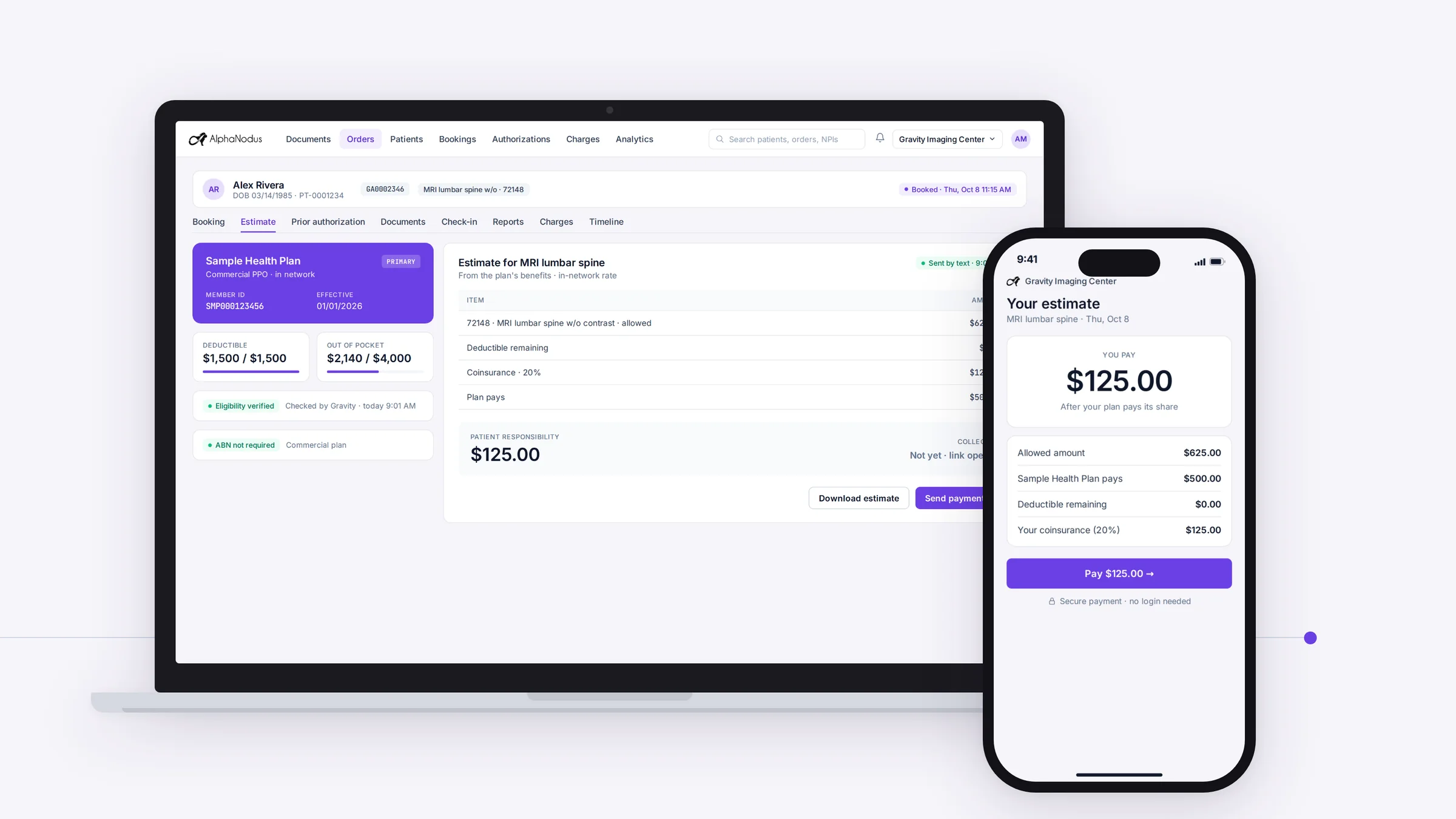 An order's estimate in Gravity on a laptop with the patient's responsibility of $125.00, beside the patient's phone showing their estimate and Pay $125.00