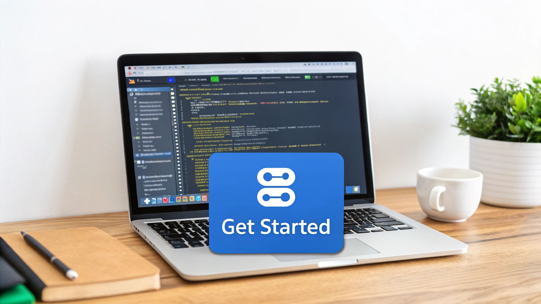 Laptop displaying code editor with blue Get Started button overlay on wooden desk