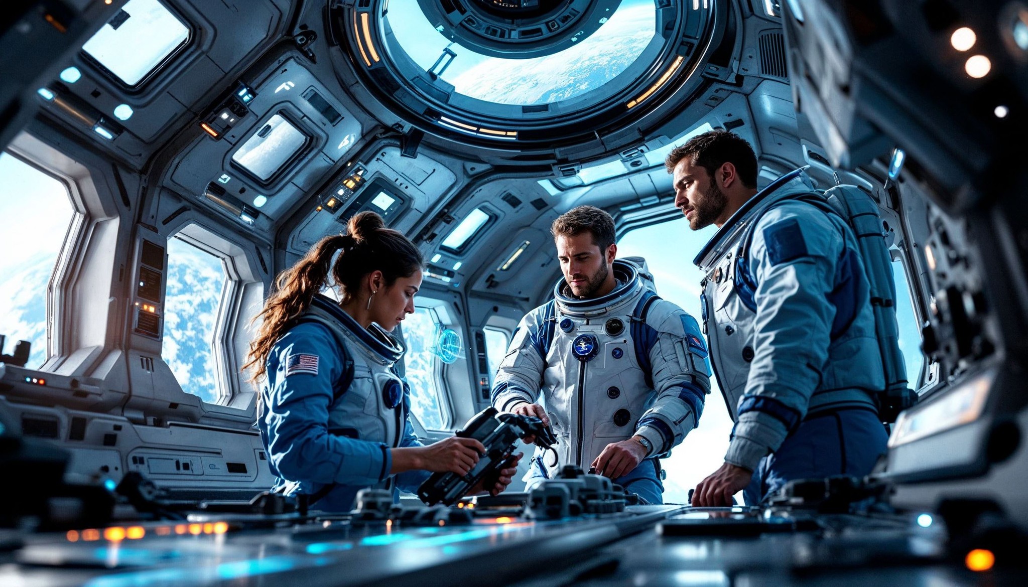 Three astronauts in a futuristic spacecraft focus on equipment at a control panel. One woman, seated, adjusts a device, while two men stand nearby. The spacecraft interior features large windows with a view of Earth in the background.