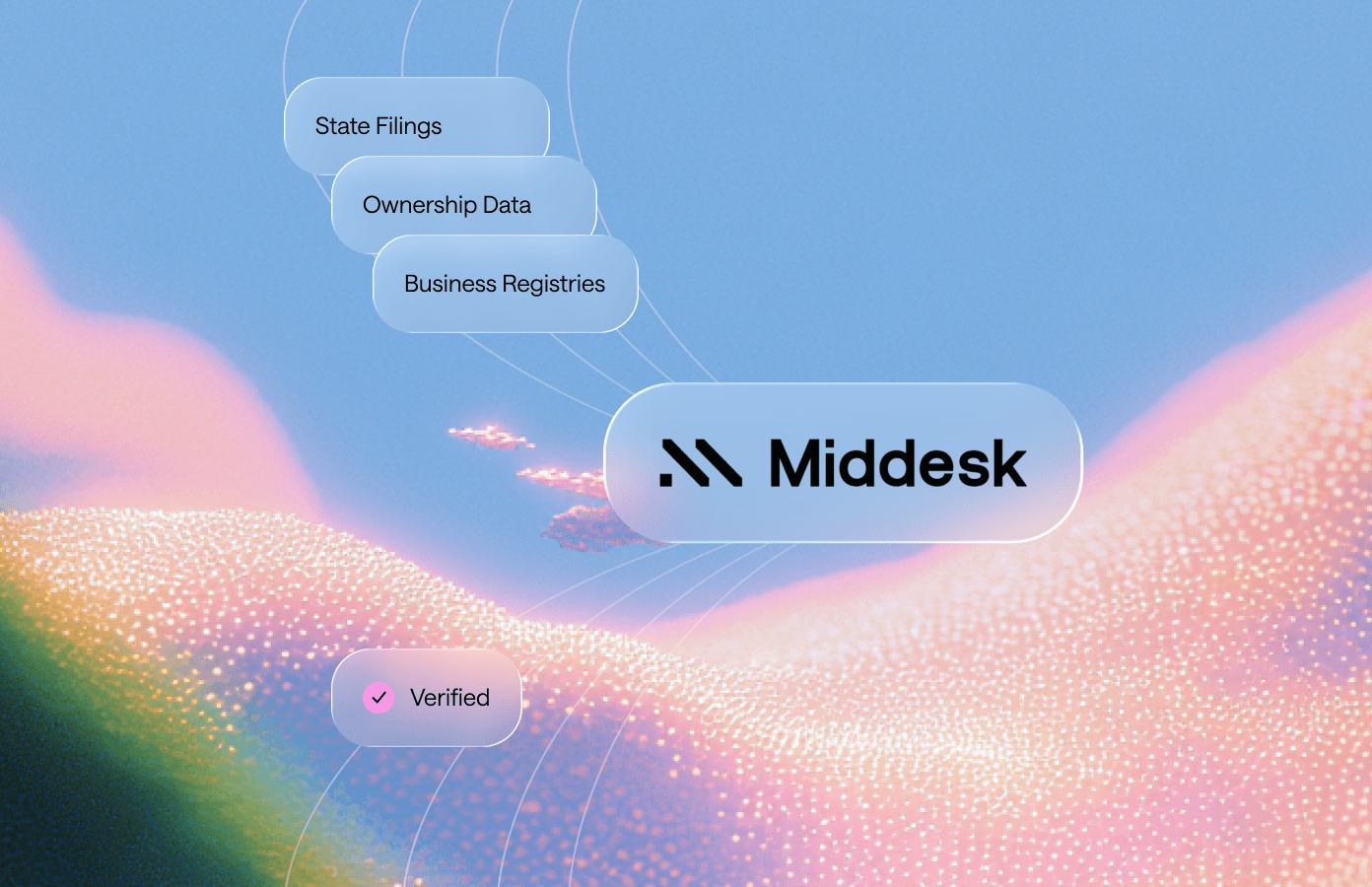 Abstract hero image showing a dynamic wave of orange and blue particles on a gradient background.
