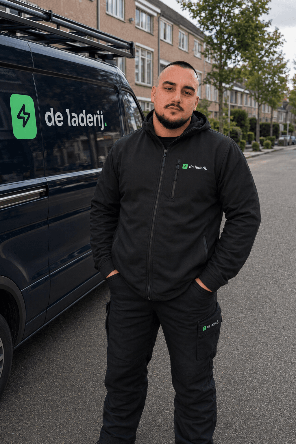 Demir Hadziomerovic, eigenaar en laadpaalinstallateur van De Laderij, bij zijn bedrijfswagen