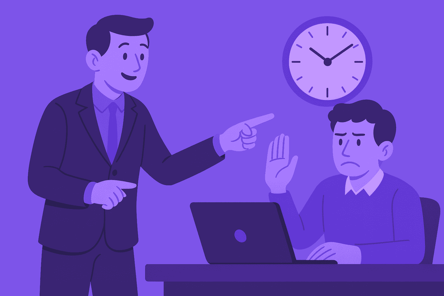 Flat-style digital illustration showing a calm leader facing a worker who makes a “no” gesture, symbolizing resistance to time tracking, with a large clock in the background representing time management.