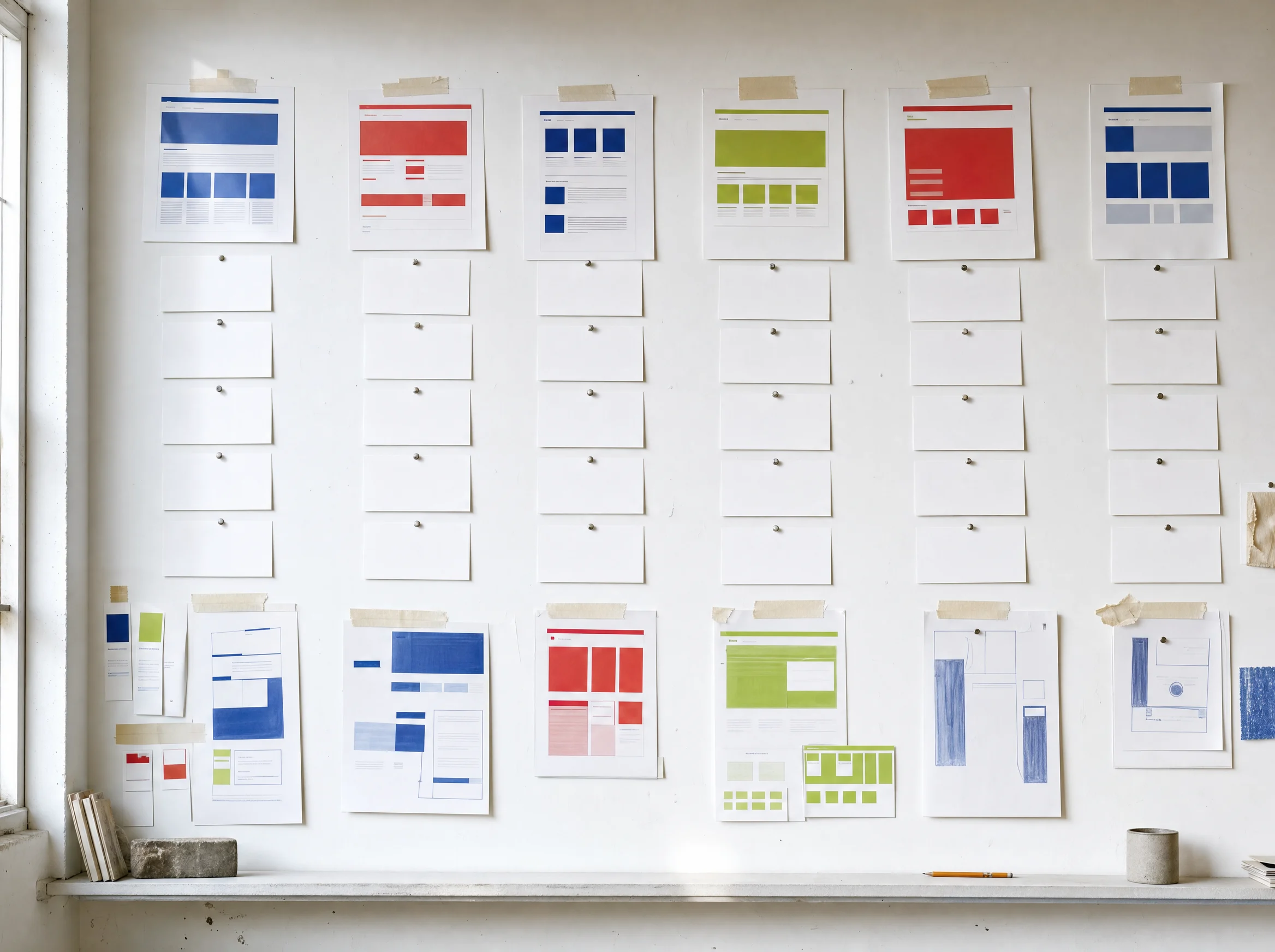Planning wall with six columns of index cards and pinned web layouts