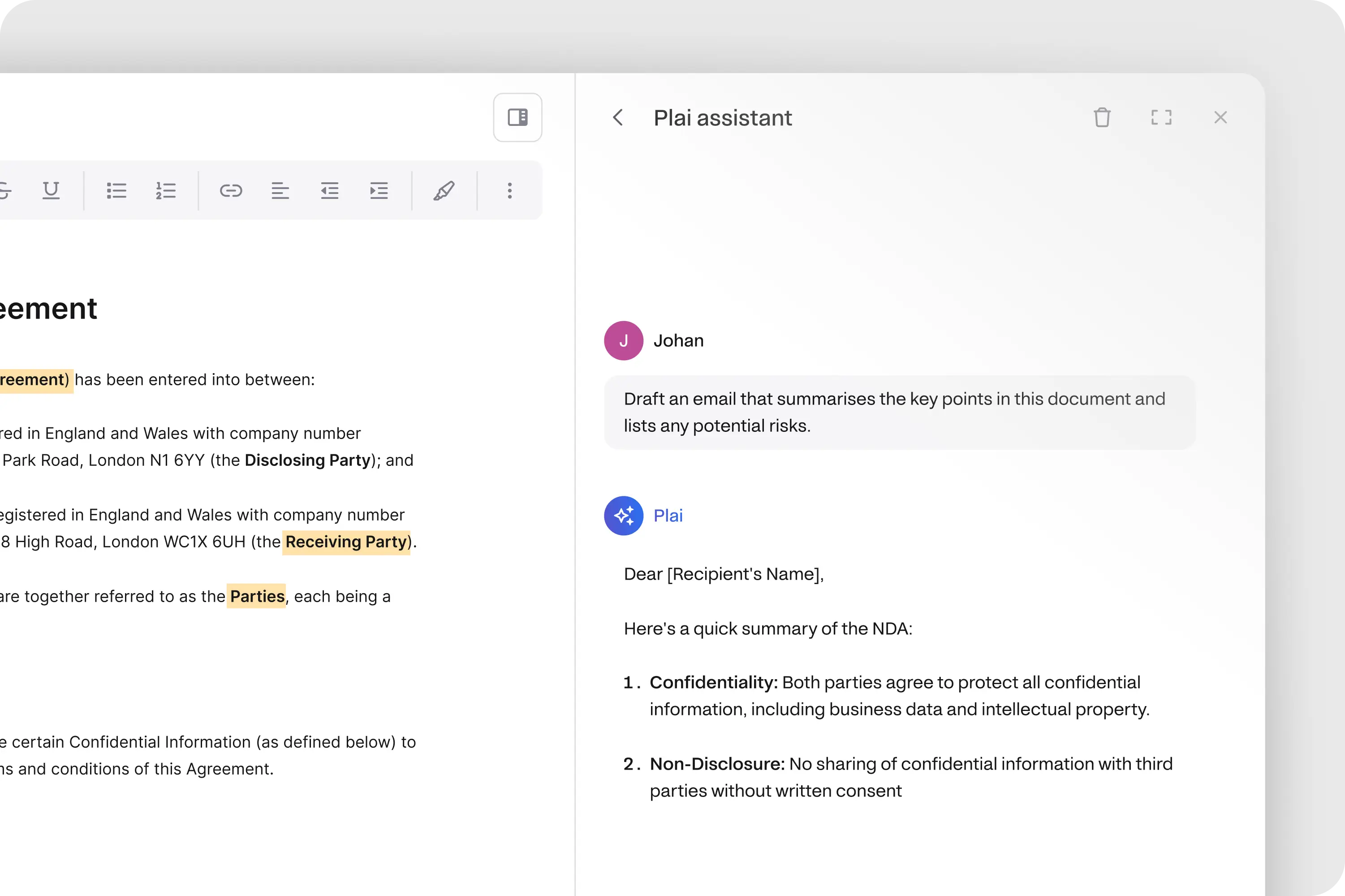 Screenshot of the Pocketlaw PLAI Assistant interface being used to summarize key points of a Non-Disclosure Agreement (NDA) and list potential risks.