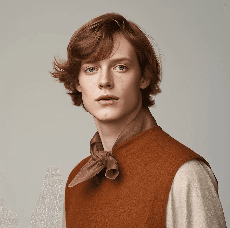 Young person with wavy, shoulder-length red hair, wearing a rust-colored vest over a beige shirt. A brown scarf is tied neatly at the neck. Neutral backdrop.