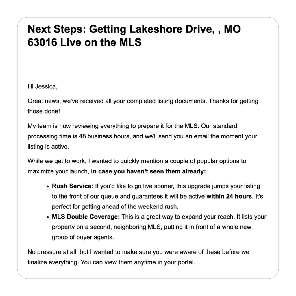 Example automated client email update confirming MLS listing status and upgrade options.