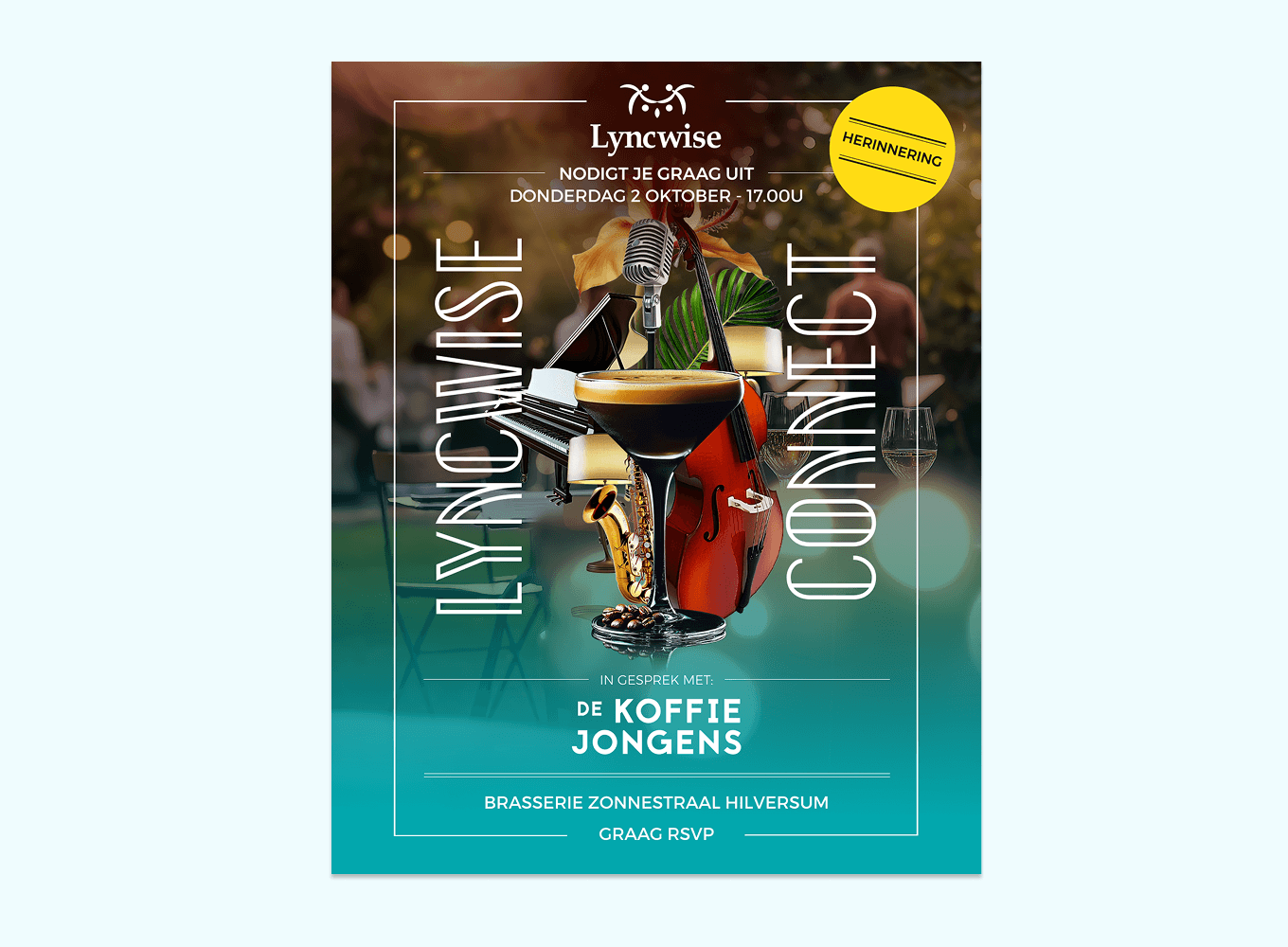 Grafische vormgeving flyer Lyncwise Executive Search borrel uitnodiging door Freelance Brand Designer Michiel Nagtegaal / Mr. Upside uit Voorburg