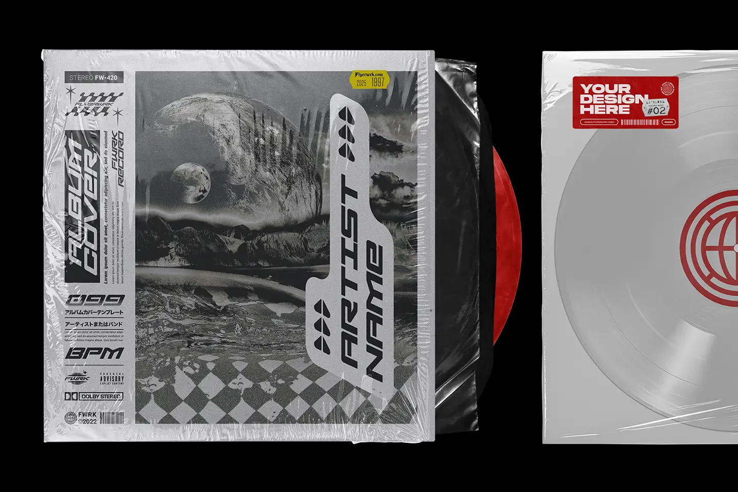 Vinyl record mockup bundle scene with record sleeve and realistic vinyl disc