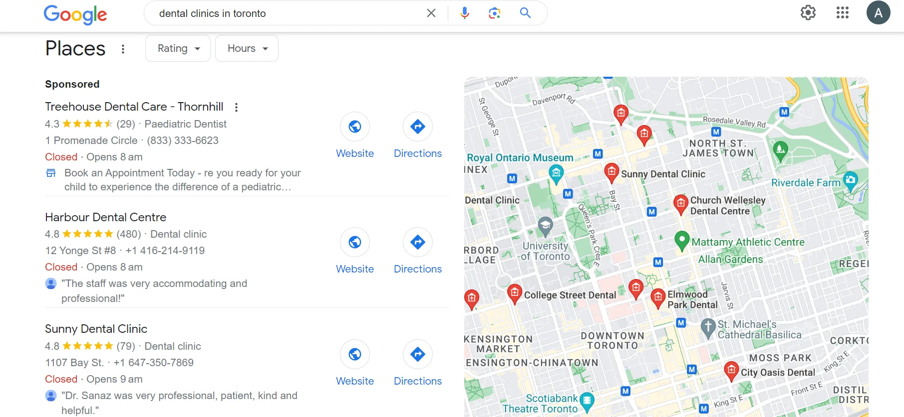 A screenshot of the Google search results of dental clinics in Toronto