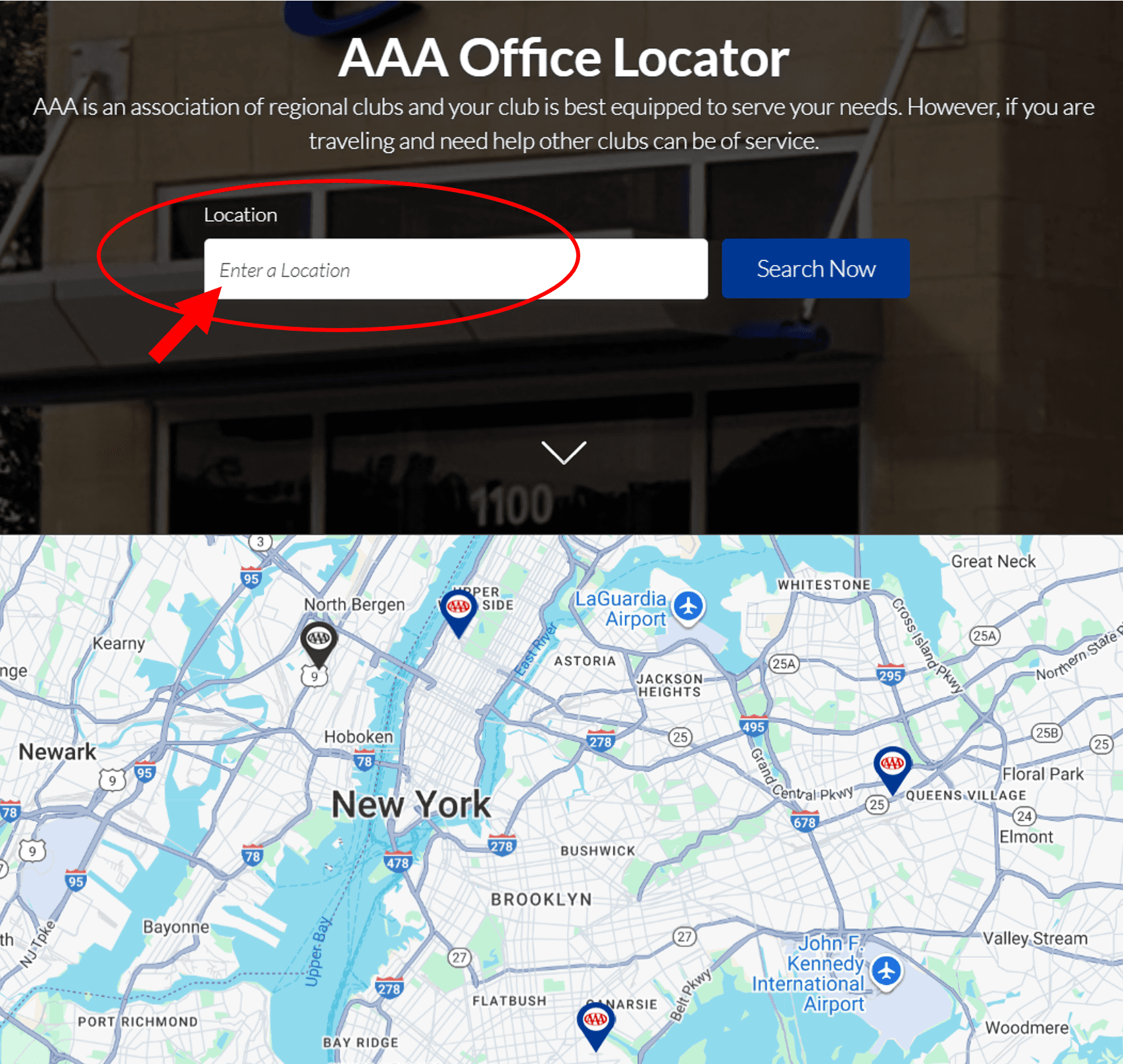 Screenshot pointing to the field where users can input their location to find nearby AAA offices