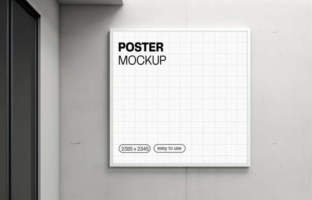 Minimalist square poster mockup in a sleek white frame, displayed on a modern concrete wall. The design grid features dimensions and editable text. Ideal for showcasing artwork or branding in clean environments.
