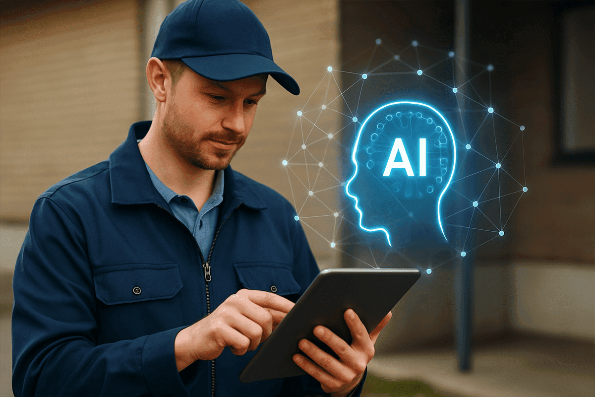 Analista de suporte técnico operando um tablet do qual uma ilustração escrita: AI remetendo a inteligência artificial emerge do tablet.