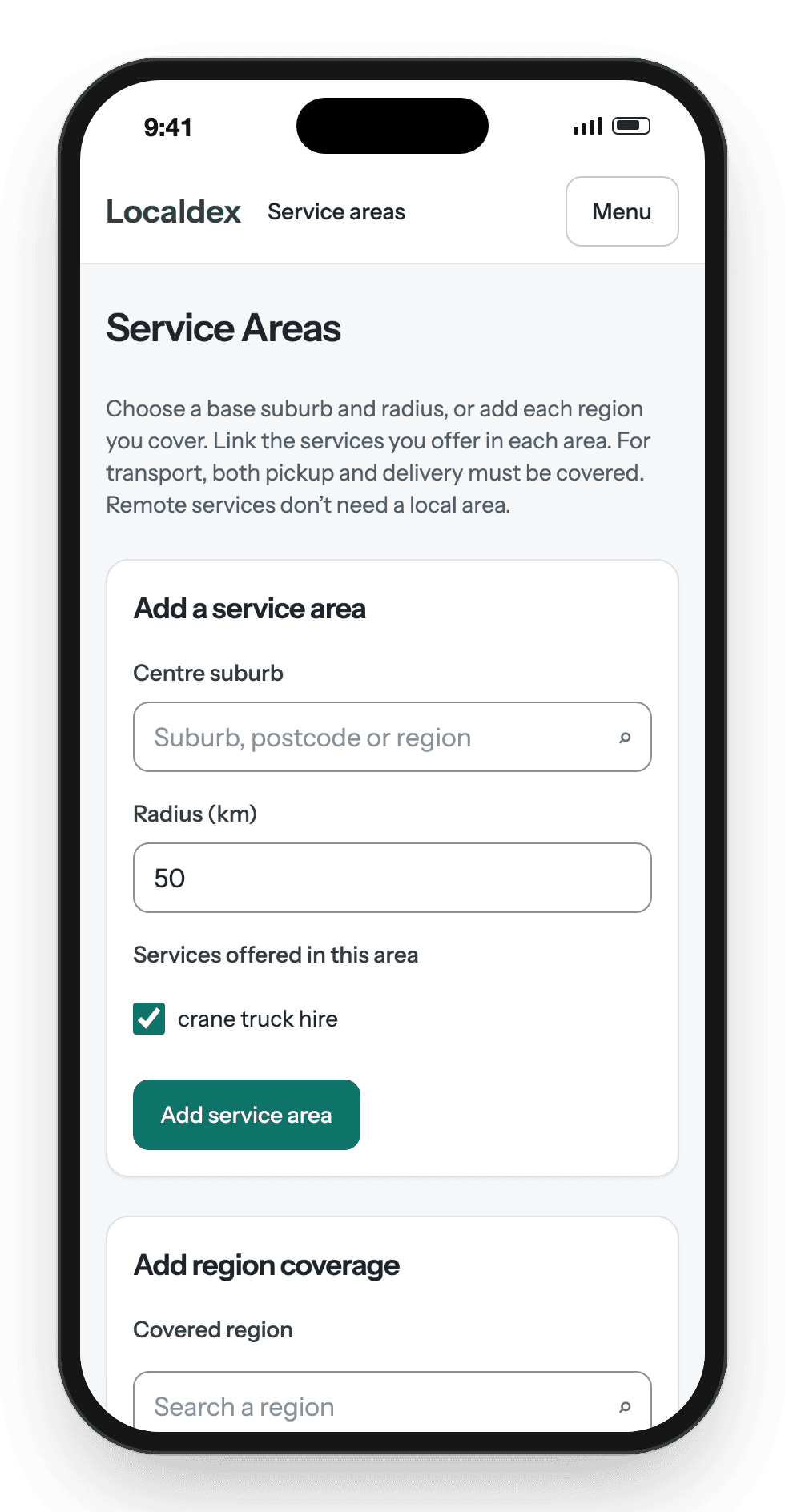 Localdex service areas: centre suburb, radius and services