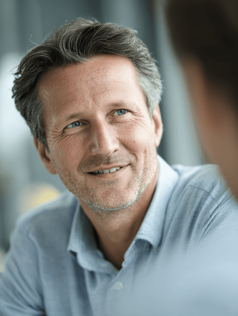 Man smiling and looking at someone during a conversation.