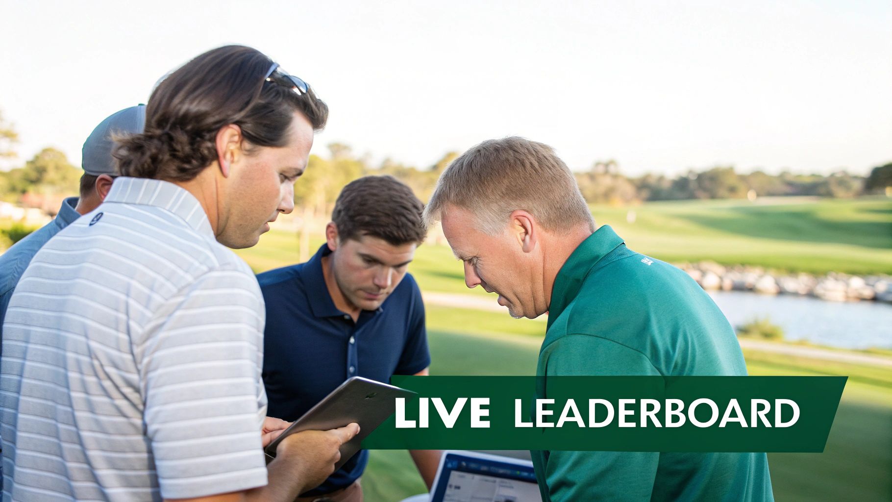 Four men on a golf course looking at a tablet showing a live leaderboard.