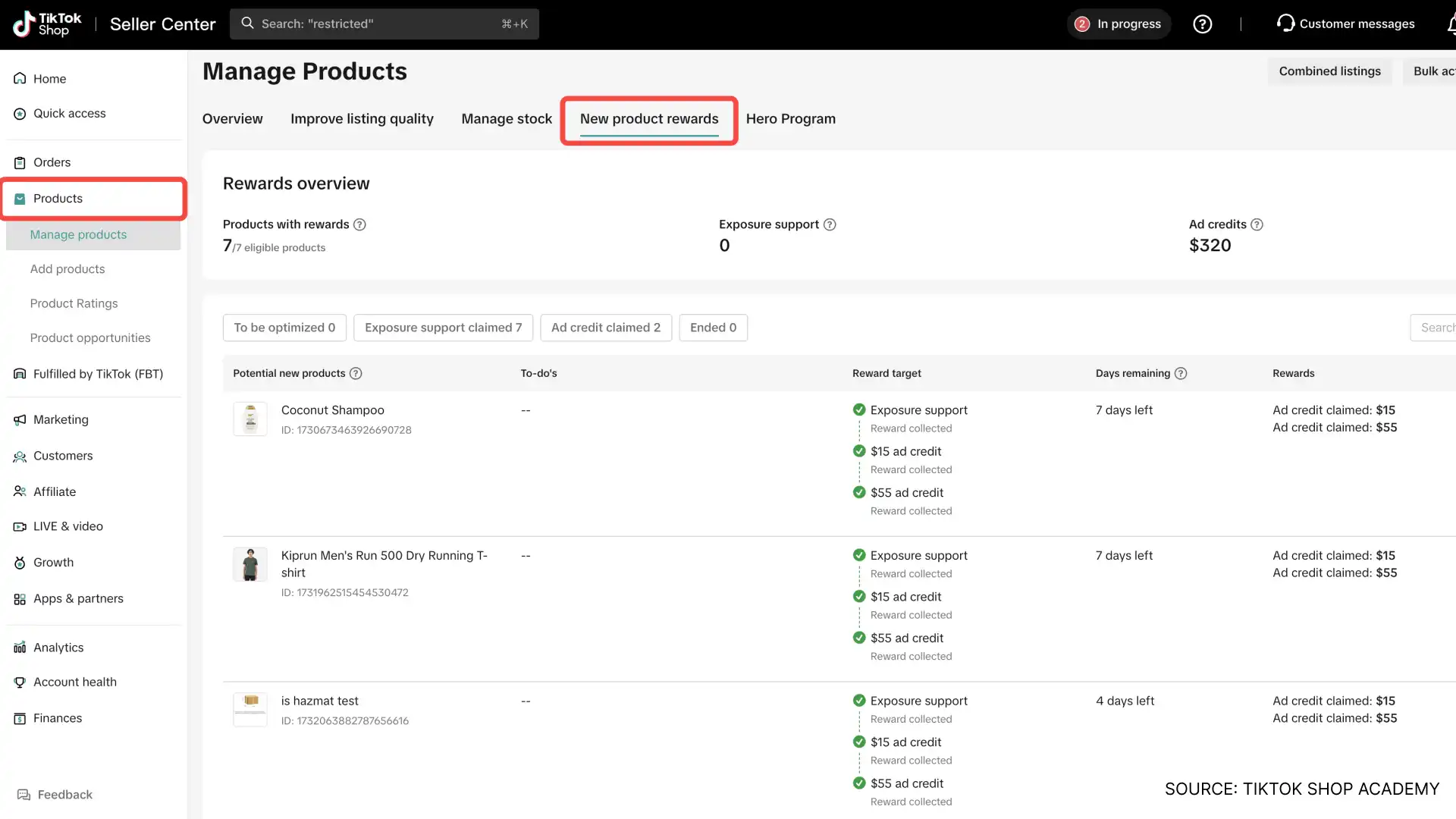 How to navigate to the New Product Rewards tab within the TikTok Shop Seller Center under Manage Products.