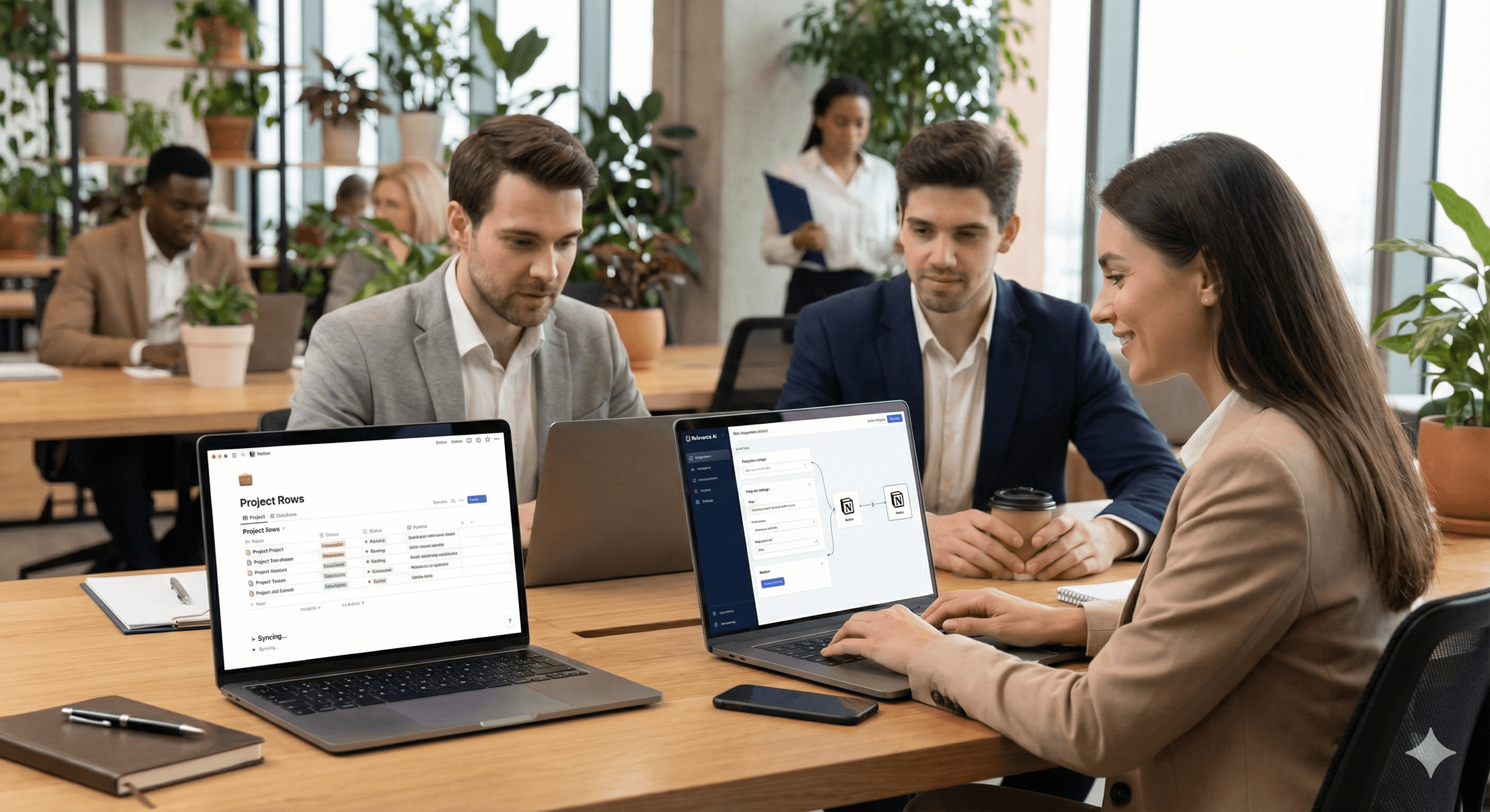 Un grupo de profesionales participa en una sesión de trabajo colaborativo sentados en una mesa de madera, con laptops abiertas en software de productividad, rodeados de exuberantes plantas de interior. Este entorno de oficina moderna integra tecnología y naturaleza para potenciar la creatividad y la sinergia con Notion Relevance AI.