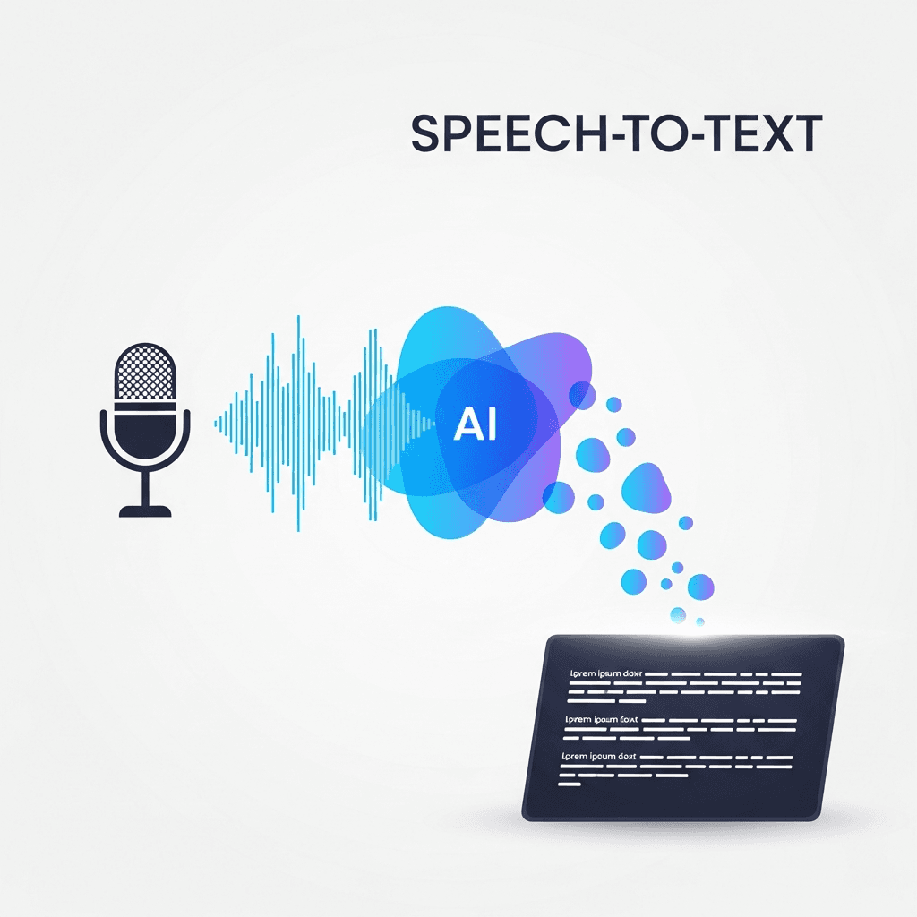 A clean, modern illustration showing the speech-to-text process: sound waves flowing from a microphone being analyzed and converted into digital text output. Use a minimal, tech-forward design with blue and purple gradients. Show the progression from audio input through AI processing to written text appearing on a screen. Abstract, no words or letters visible.