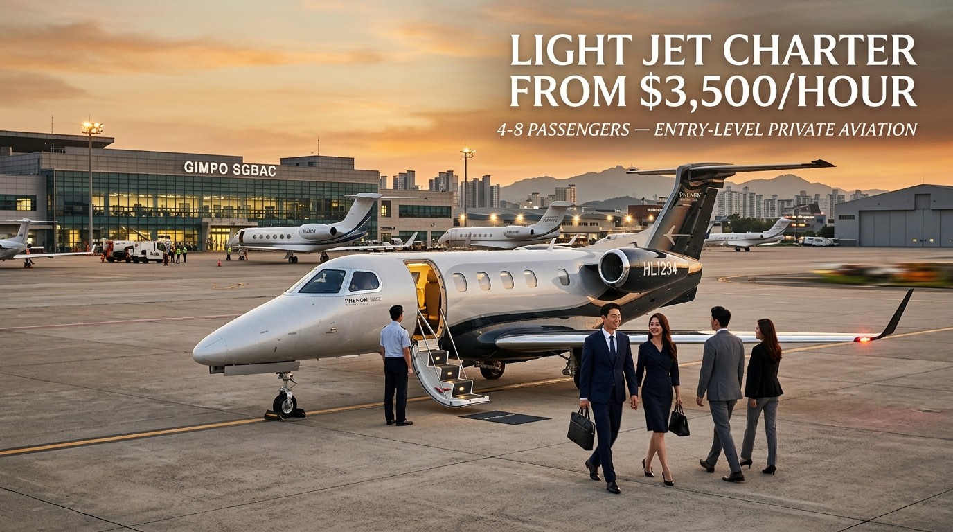 Light jet charter cost guide — Phenom 300E entry-level aircraft, 4-8 passengers, hourly rates and per-passenger pricing by route 2026 ACK