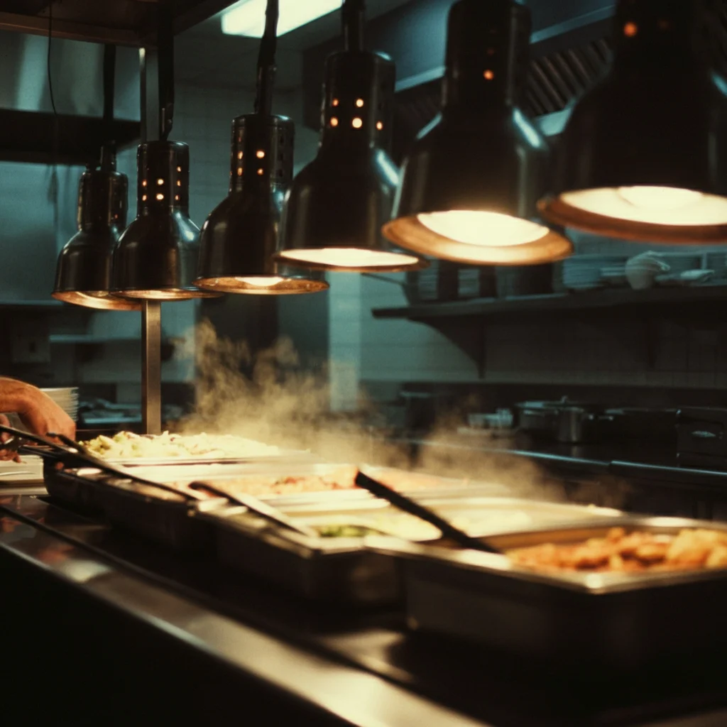 A food truck illuminated from within, showcasing a variety of food and drink items against a dark backdrop.