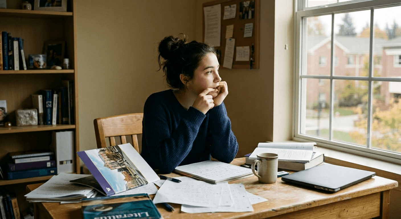Person wearing a yellow sweater typing on a laptop at a wooden desk.