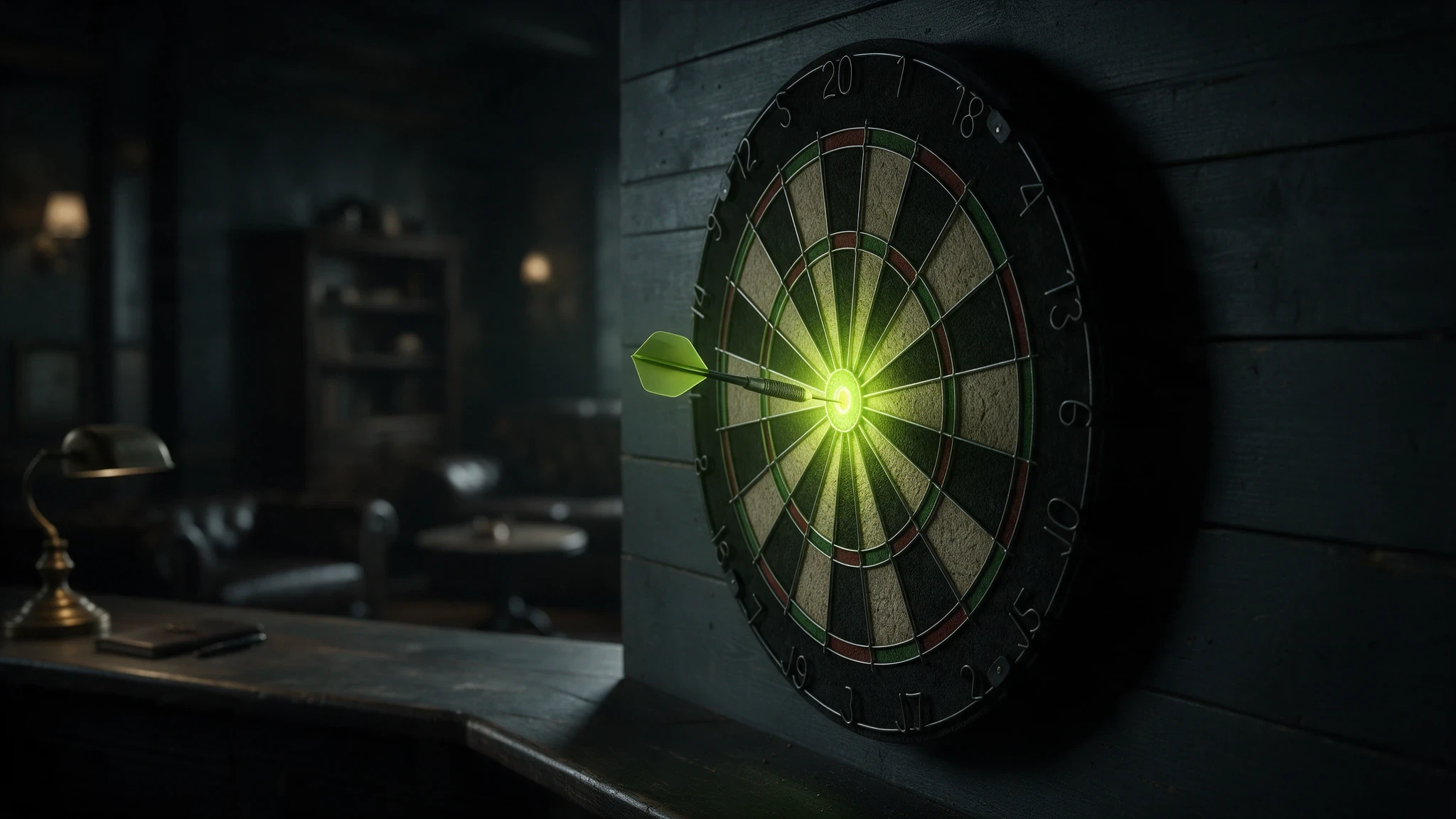 	A dart striking the exact centre of a dartboard, the bullseye glowing green, in dramatic shadow