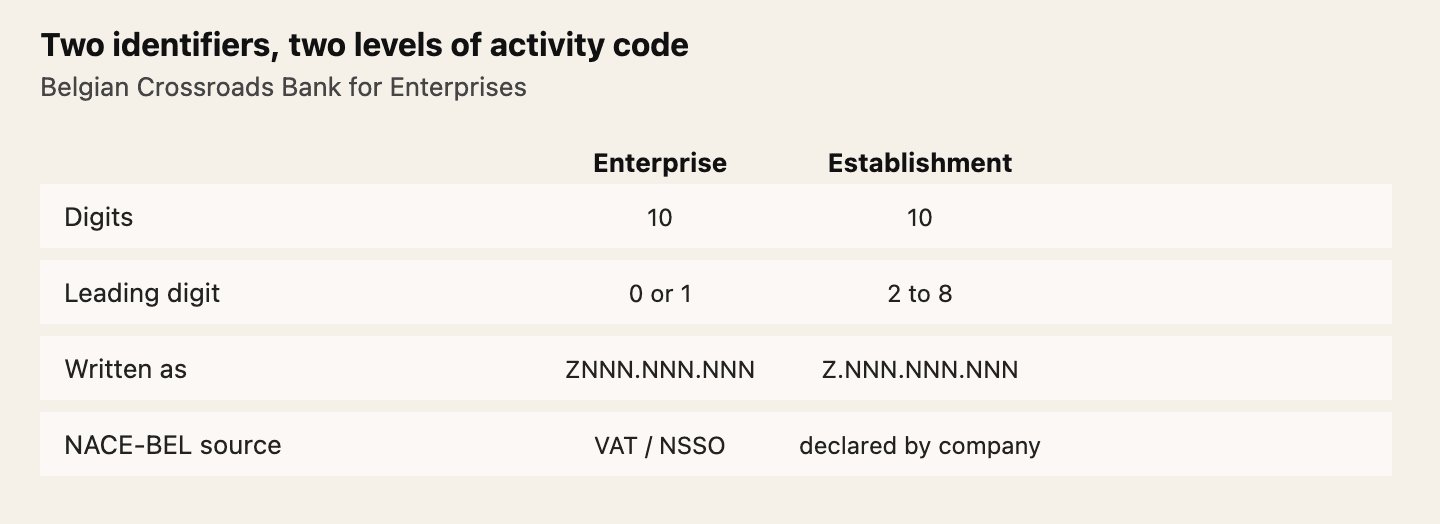 Enterprise numbers have ten digits and start with 0 or 1. Establishment unit numbers have ten digits and start with 2 to 8. Activity codes exist at both levels, assigned by different administrations.
