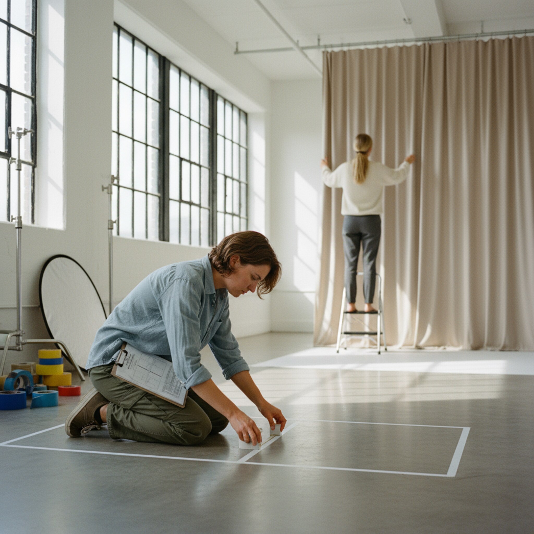 Ein großes Tageslichtstudio mit hohen Fenstern, in dem eine Person sorgfältig ein Set markiert. Im Hintergrund wird ein Vorhang glattgezogen, Licht fällt weich auf den Boden. Die Atmosphäre ist klar und geordnet, bereit für eine präzise Planung.