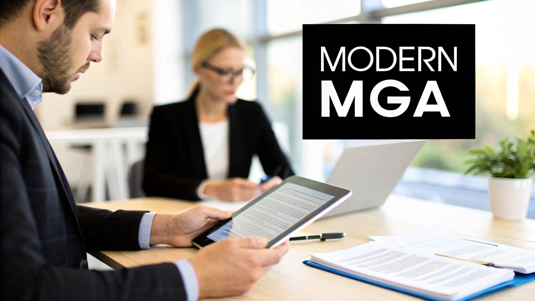 Two professionals in an office, one reviewing a tablet, with 'MODERN MGA' overlay.
